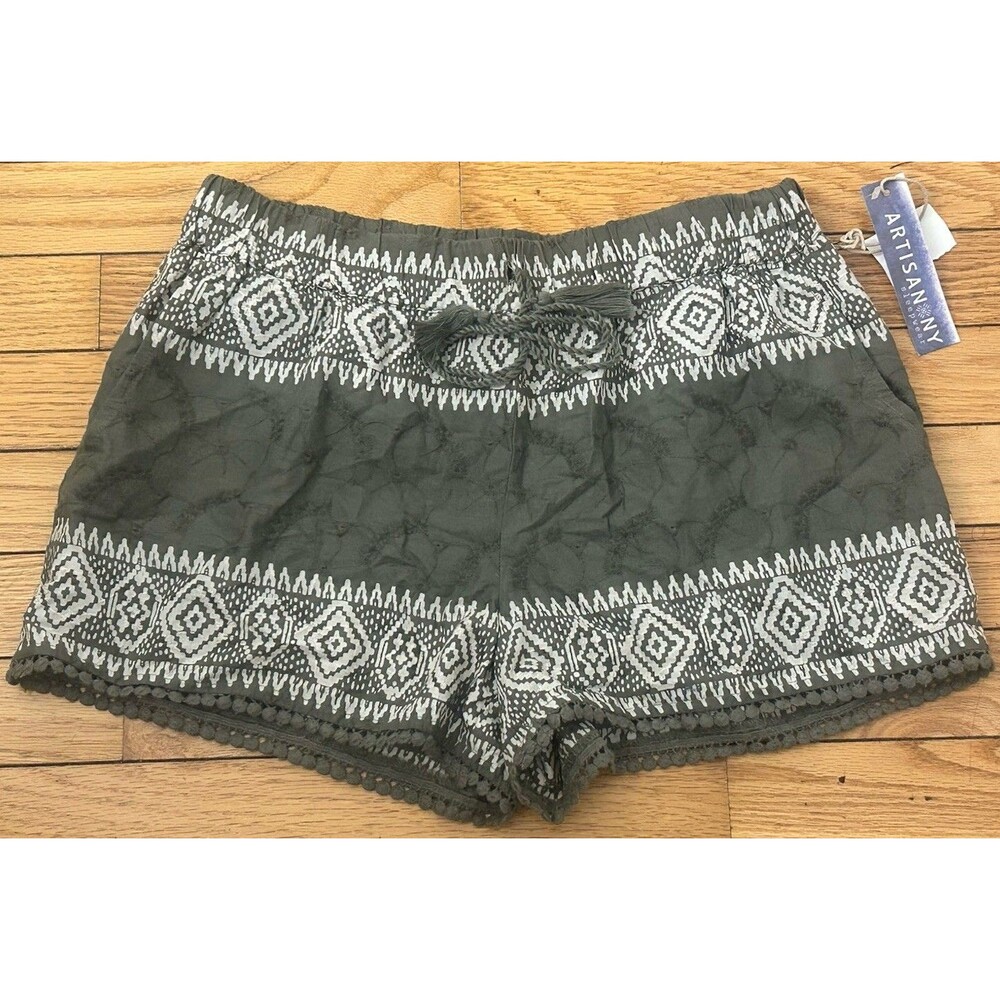 New Olive Green Eyelet Embroidered Fringe Shorts Pockets Sz S Boho Beach Coastal
